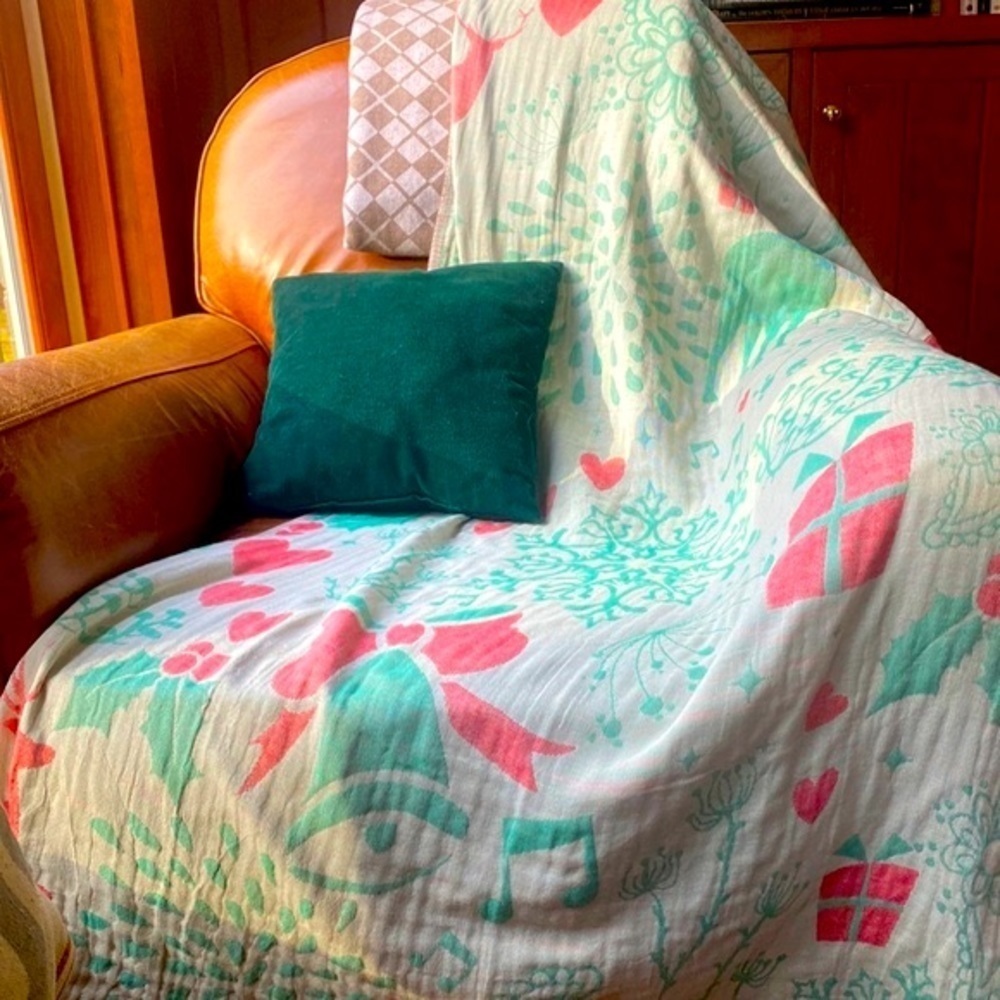 Christmas Bells Music + Woodland Reversible 2 Sides Organic Cotton Weave Throw - Picture 2 of 16